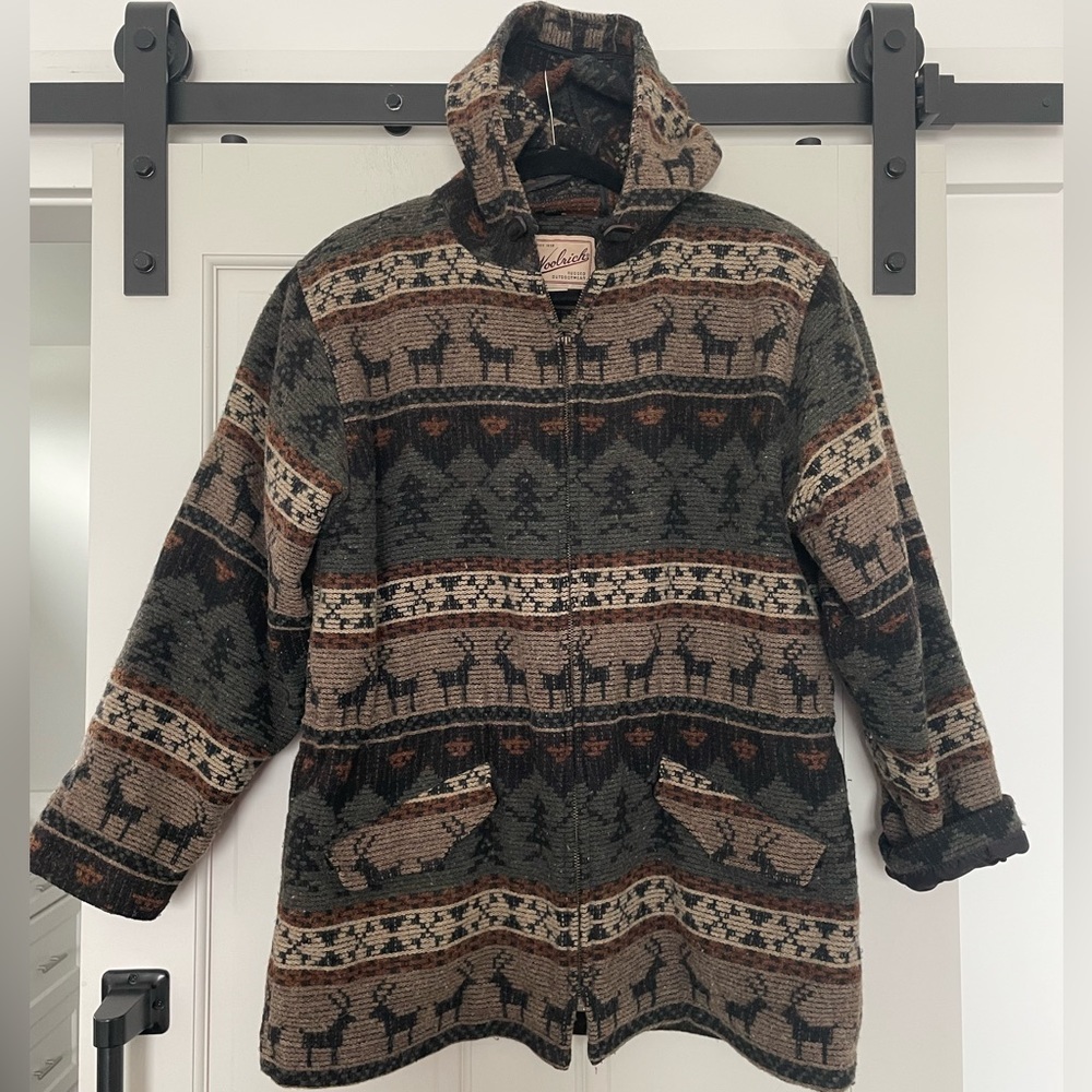 VTG Woolrich Wool Aztec Western Made In USA Hooded Coat Jacket Sz L